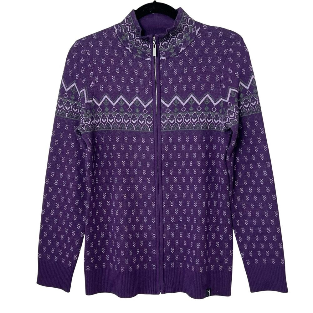 Neve Designs Natalie Full Zip Wool Cardigan Nordic Ski Sweater Purple Sz Medium